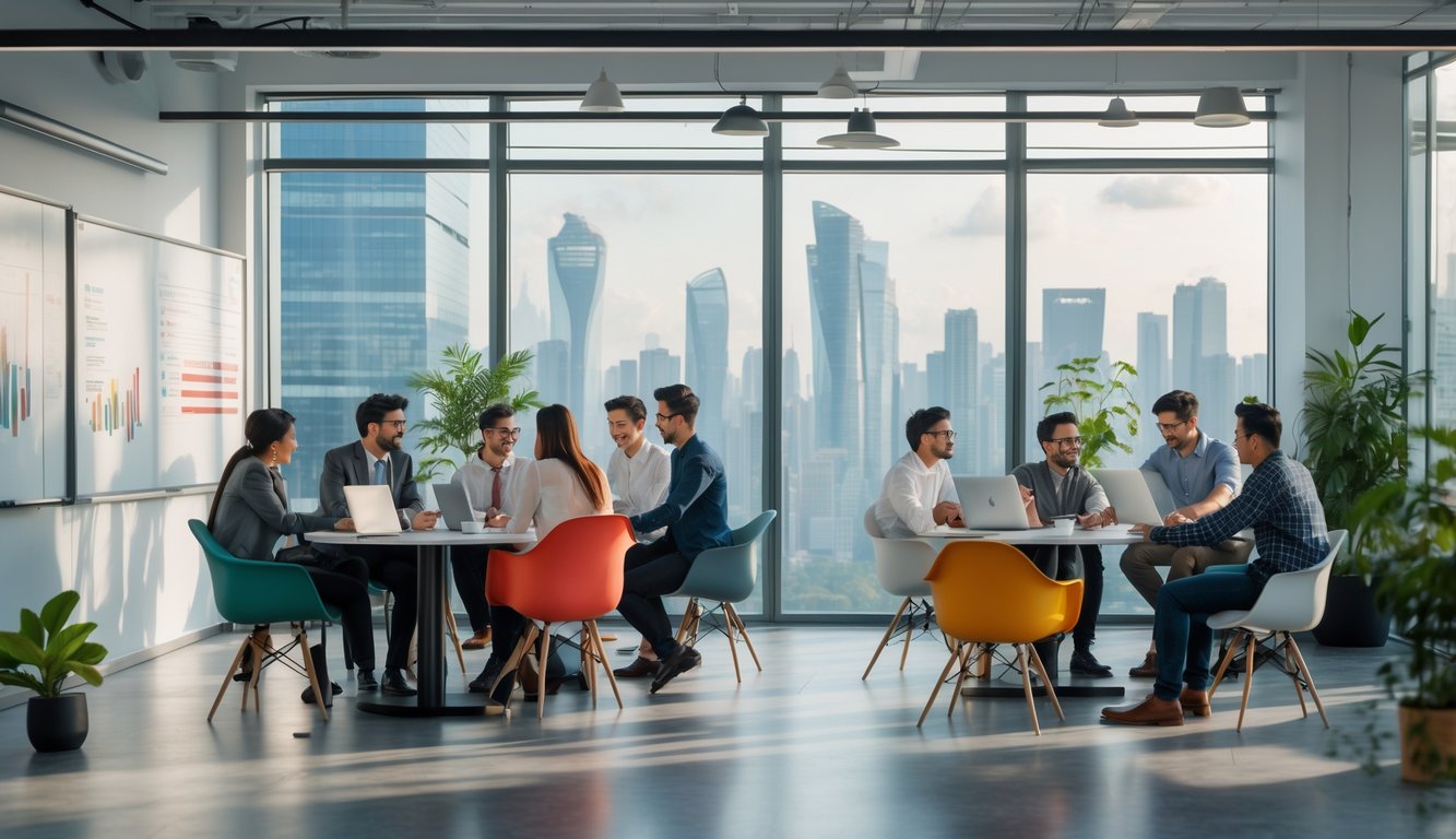 A group of diverse professionals collaborating and working in a modern coworking space with a city skyline visible through large windows.