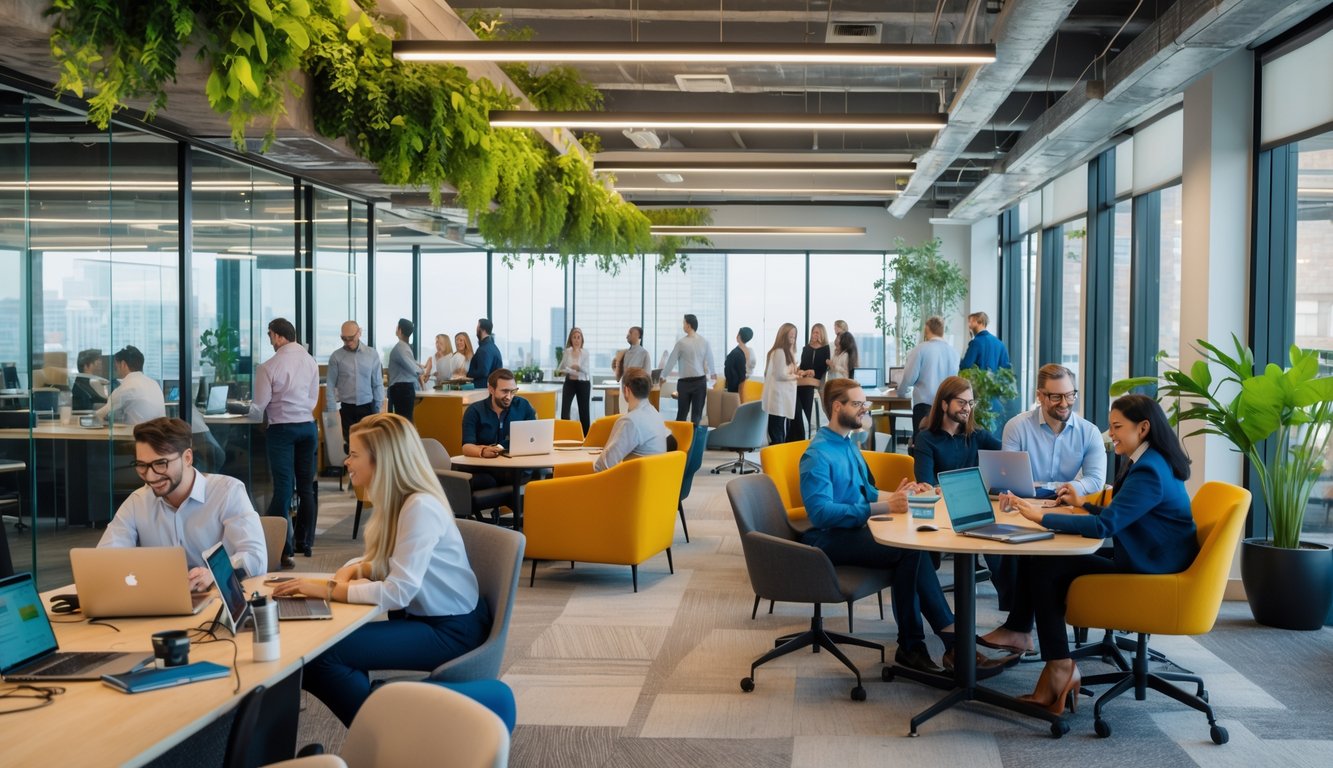 A modern coworking office with people working and collaborating in an open, bright space.
