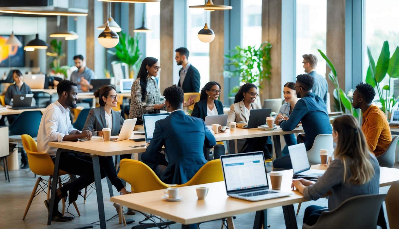 A busy coworking space with diverse people working and collaborating at modern desks in a bright, open room.