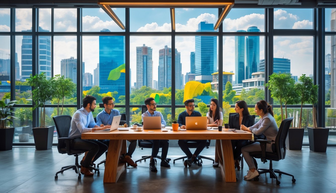 People working and collaborating in a modern coworking space with a city skyline visible through large windows.