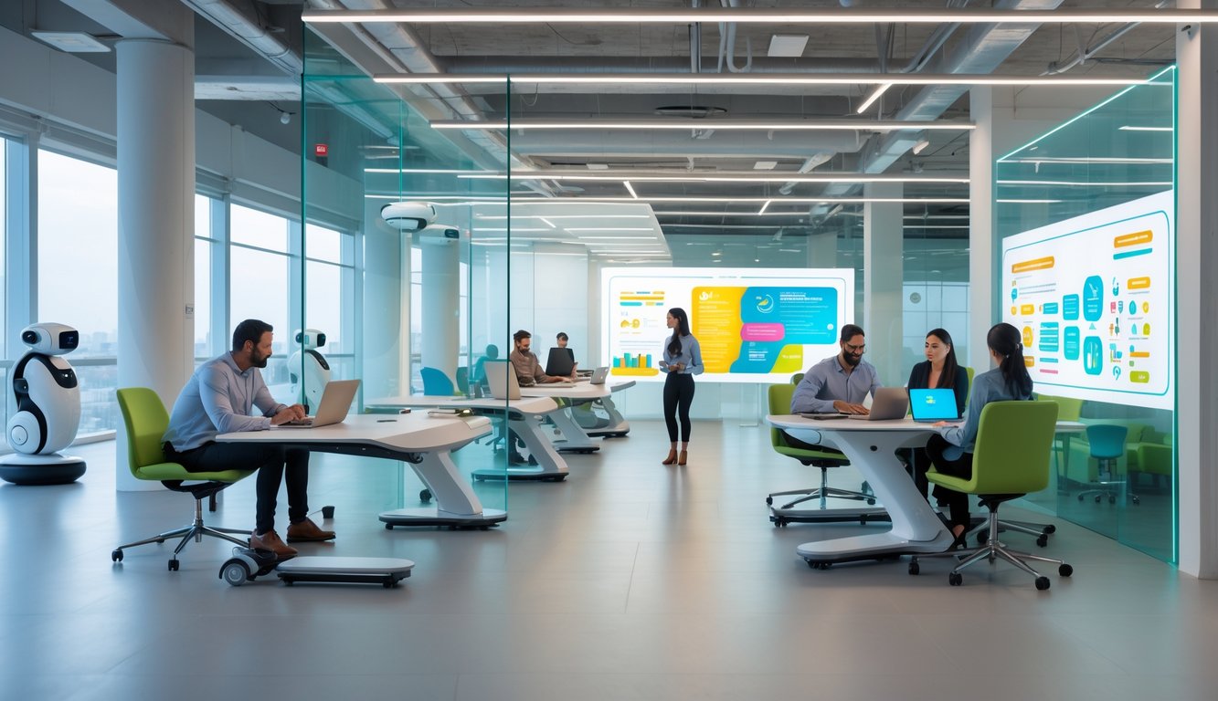A bright modern coworking space with people working at smart desks and using digital whiteboards, featuring advanced technology and ergonomic furniture.