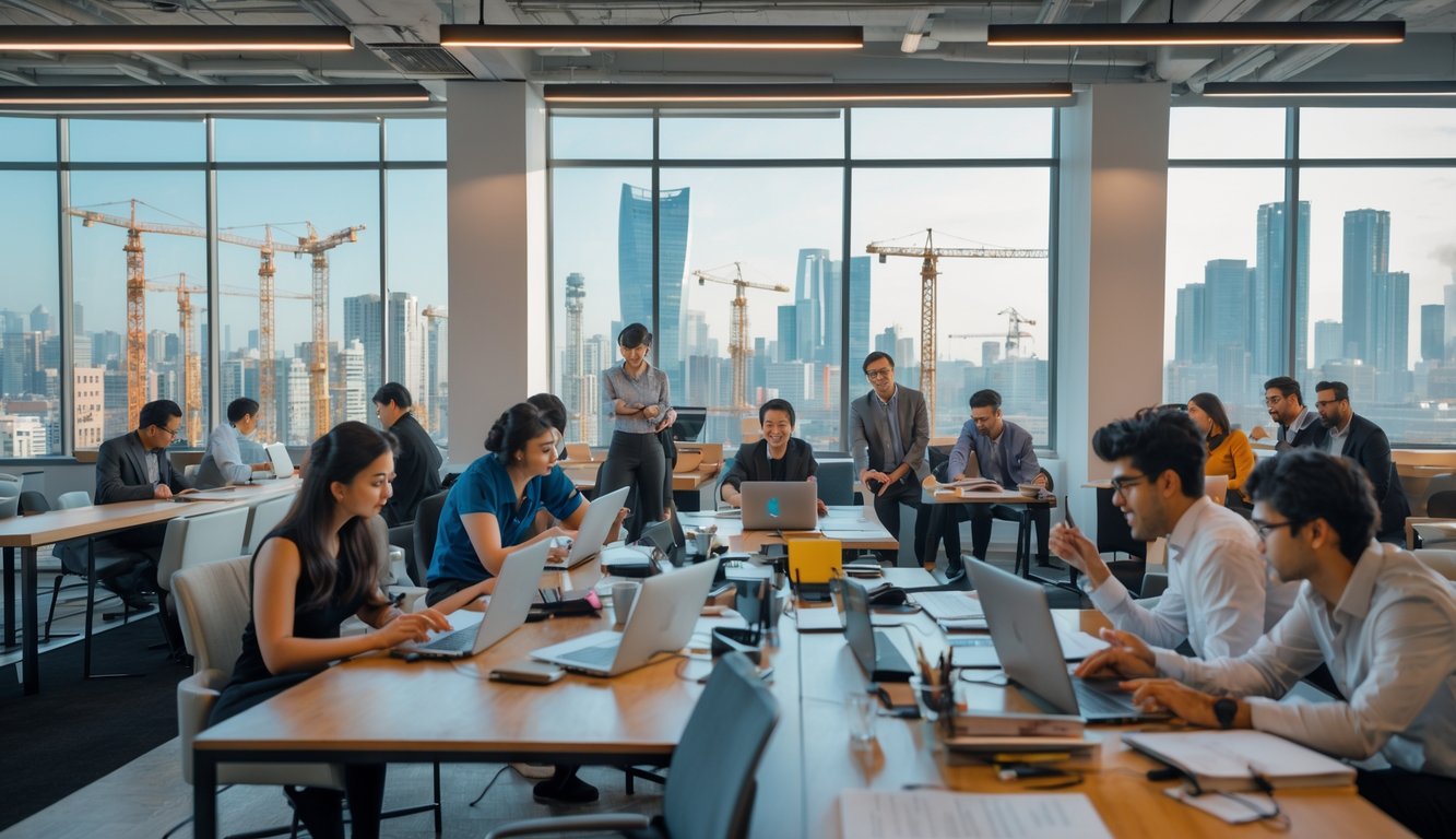 A busy coworking space with diverse professionals working and collaborating, with city buildings and construction visible through large windows.