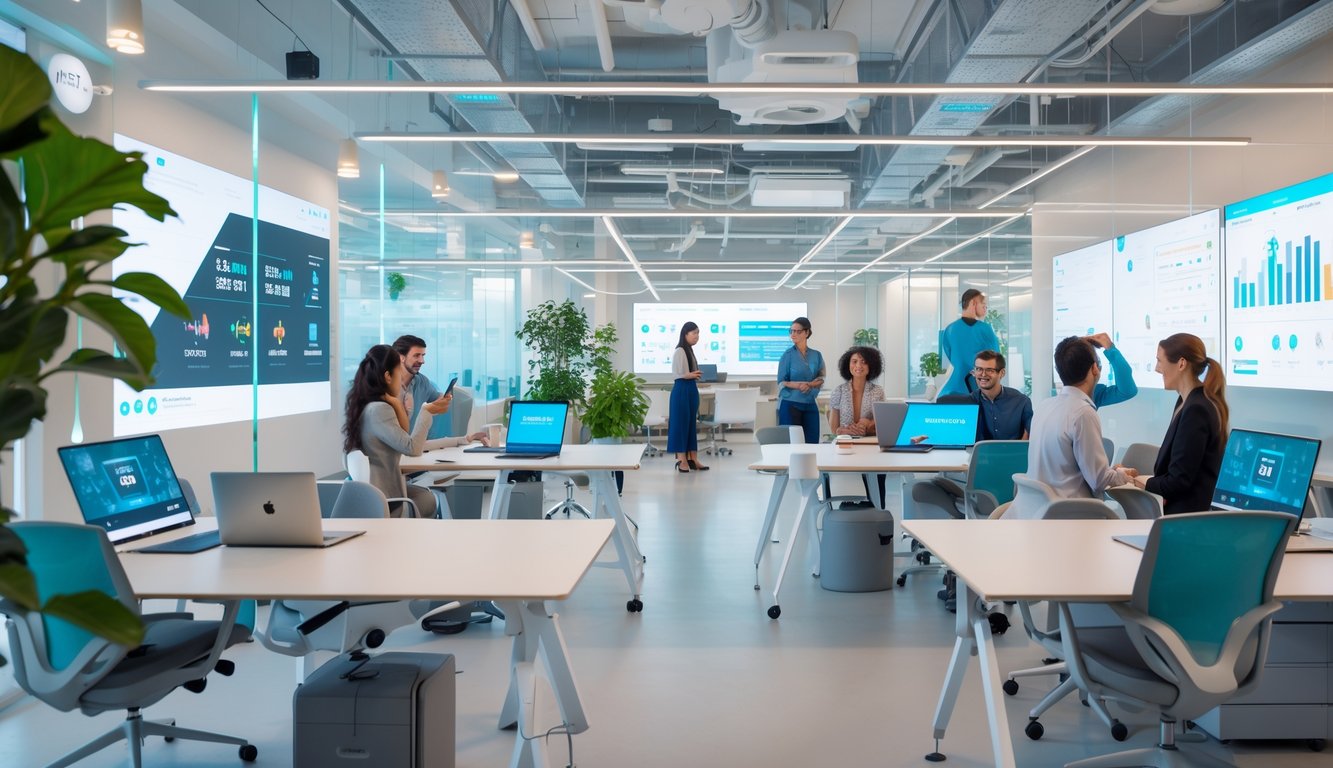 A modern coworking space with people collaborating using laptops, tablets, and augmented reality glasses in a bright open office with smart desks, digital screens, and greenery.