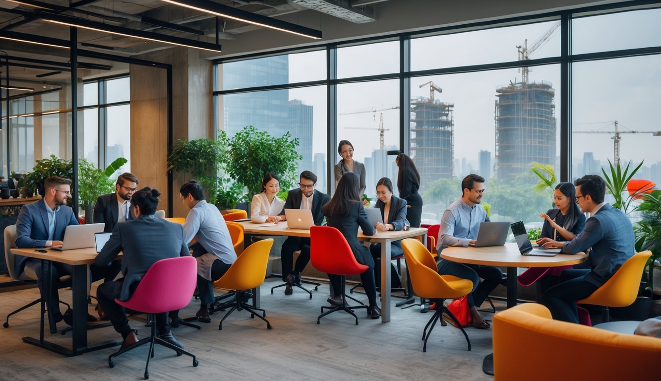 A diverse group of people working together in a modern coworking space with large windows showing an urban skyline under development.