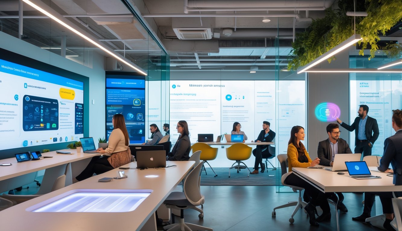 A modern coworking space with people working at desks equipped with smart technology, including digital screens, wireless chargers, and voice-activated lighting.