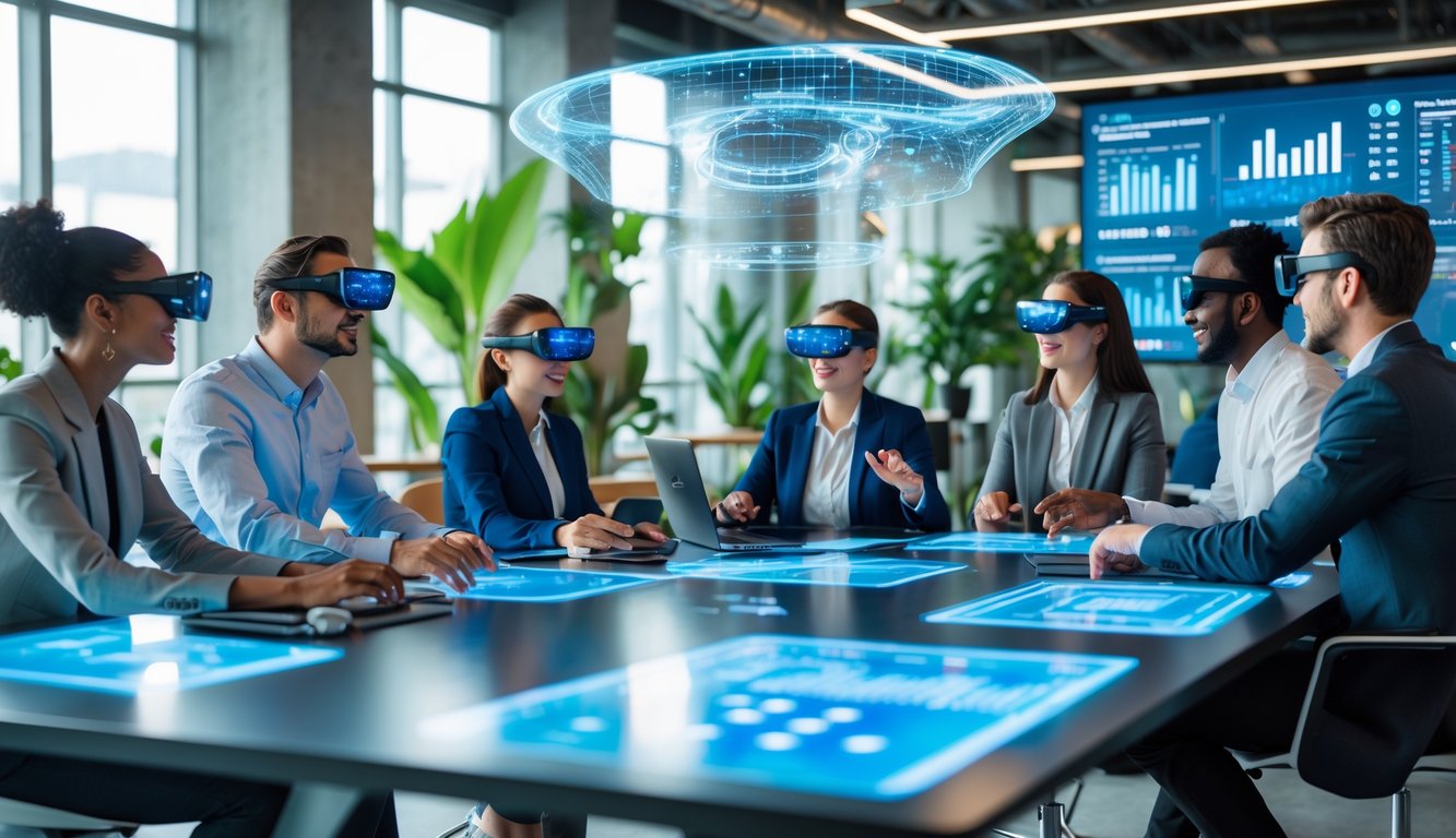 People in a coworking space using augmented reality glasses and virtual reality headsets to collaborate with holographic displays and digital interfaces.