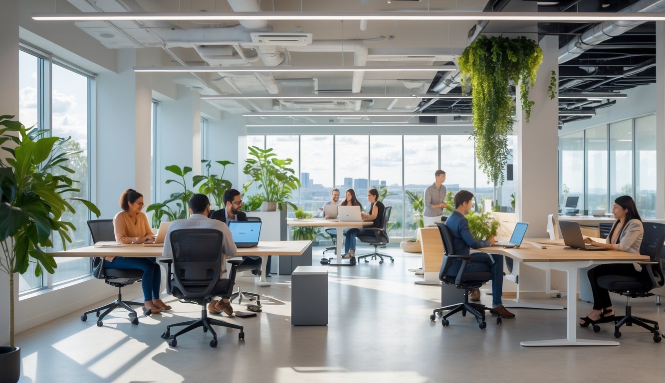 A modern coworking space with natural light, ergonomic workstations, people working and collaborating, and green plants throughout.