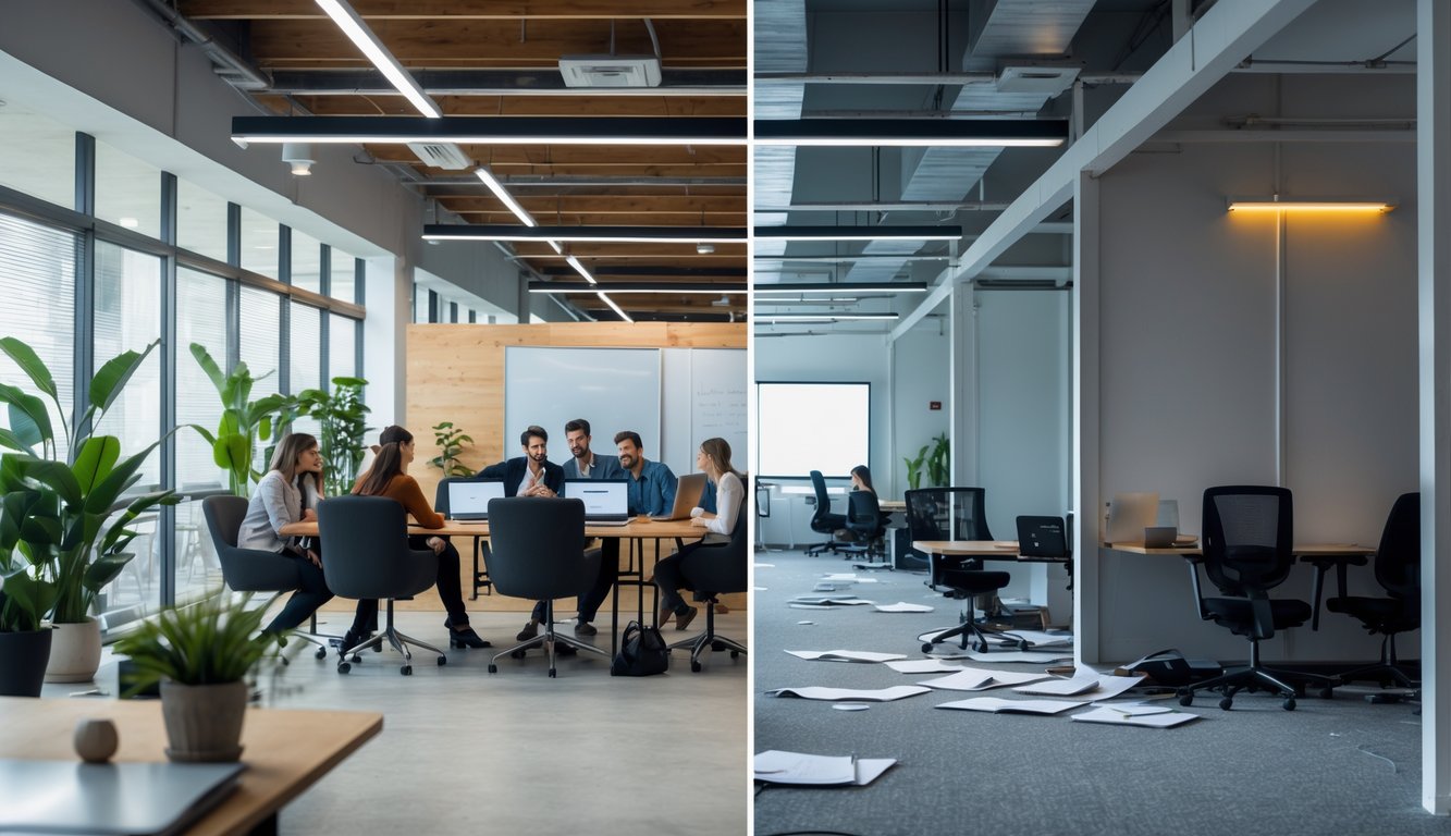 A modern coworking space showing a lively area with people working and an empty, neglected section with unused desks and chairs.