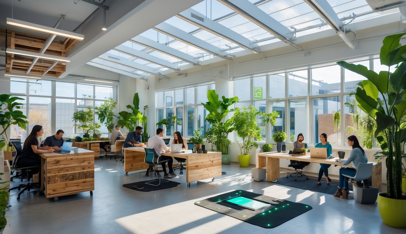 A bright coworking space with plants, natural light, eco-friendly furniture, and people working with modern technology.