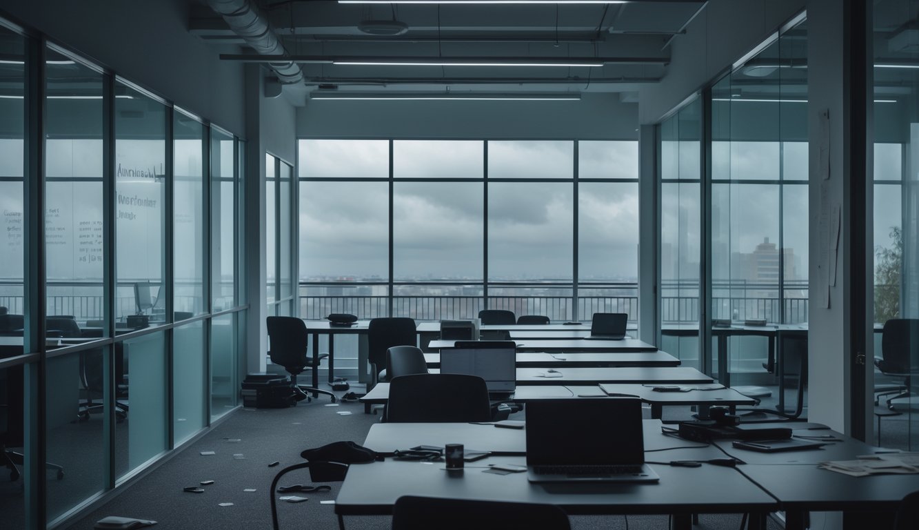An empty, modern coworking space with desks, chairs, and laptops left unused, showing signs of abandonment and neglect.