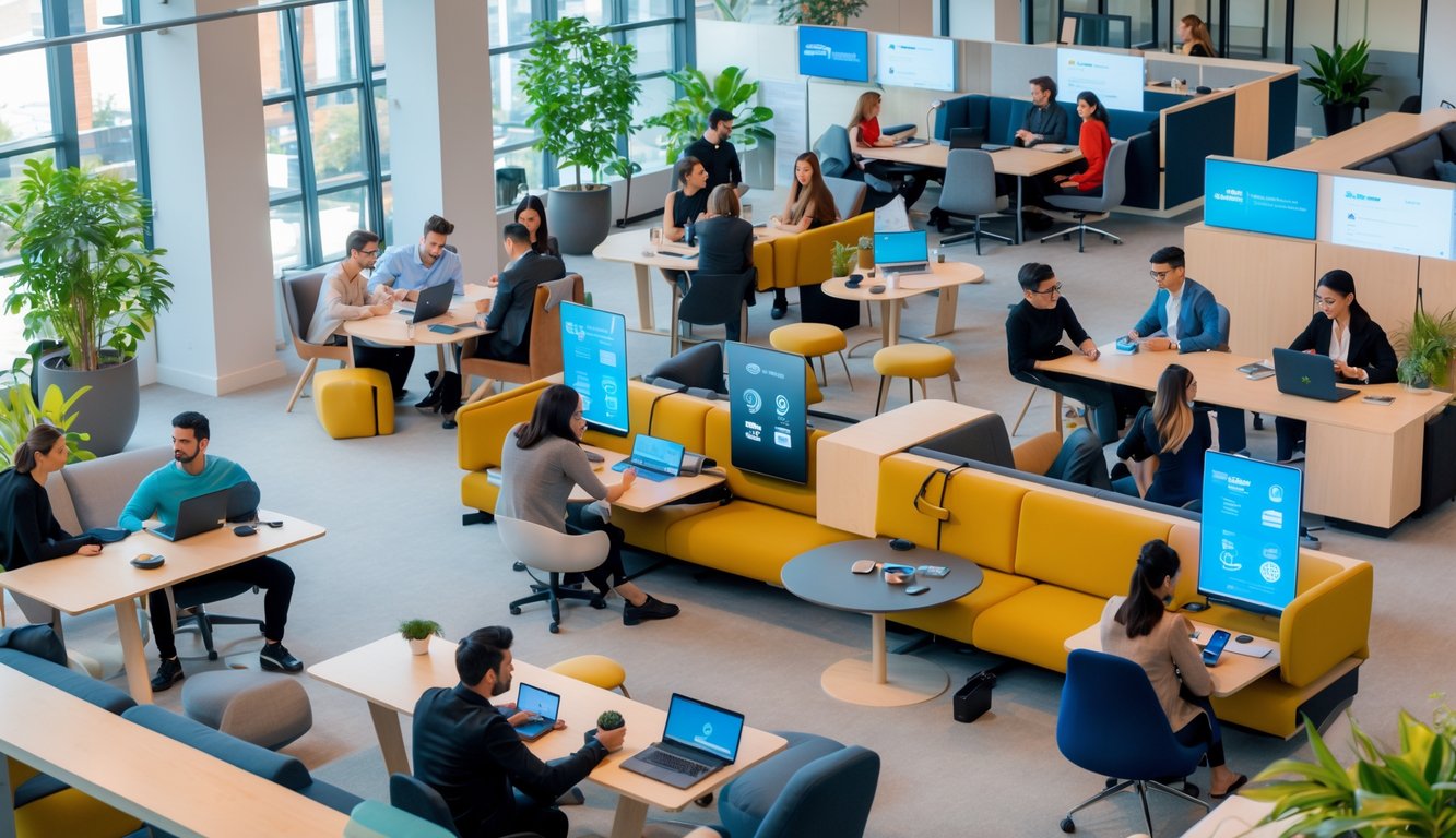 A bright open coworking space with people collaborating around modular desks, using laptops and advanced technology devices, surrounded by plants and natural light.