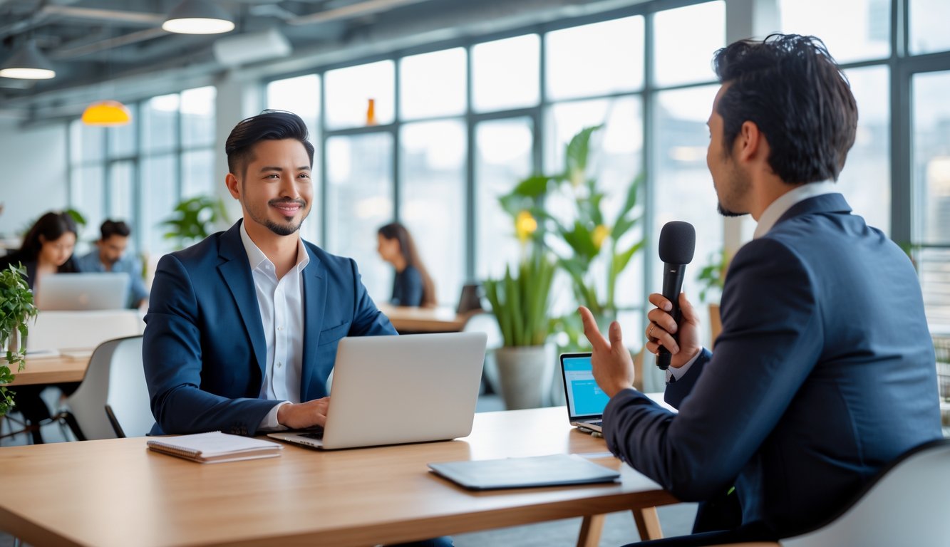 A person being interviewed in a bright coworking space with others working in the background.