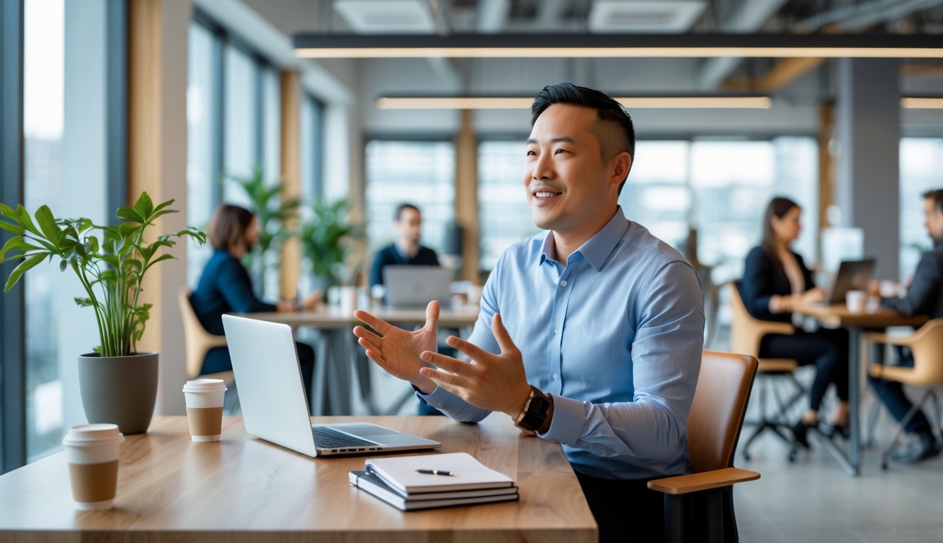 A person being interviewed in a bright coworking space with modern furniture and people working in the background.