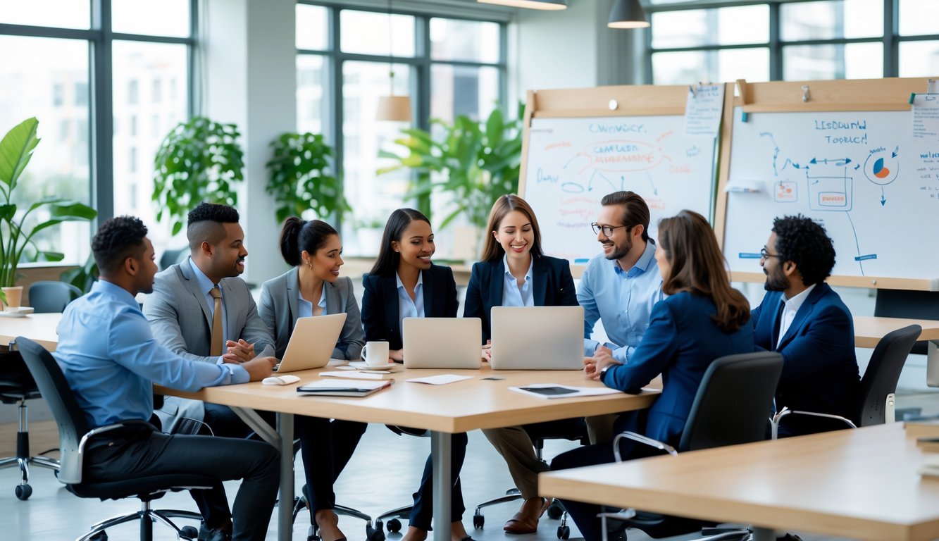 A group of diverse professionals discussing ideas around a table in a modern coworking space with empty desks and bright natural light.