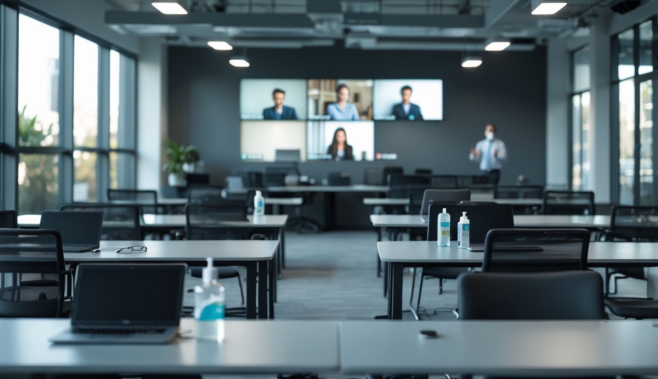 An empty coworking space with desks and chairs left unused, alongside a screen showing people working remotely from home.