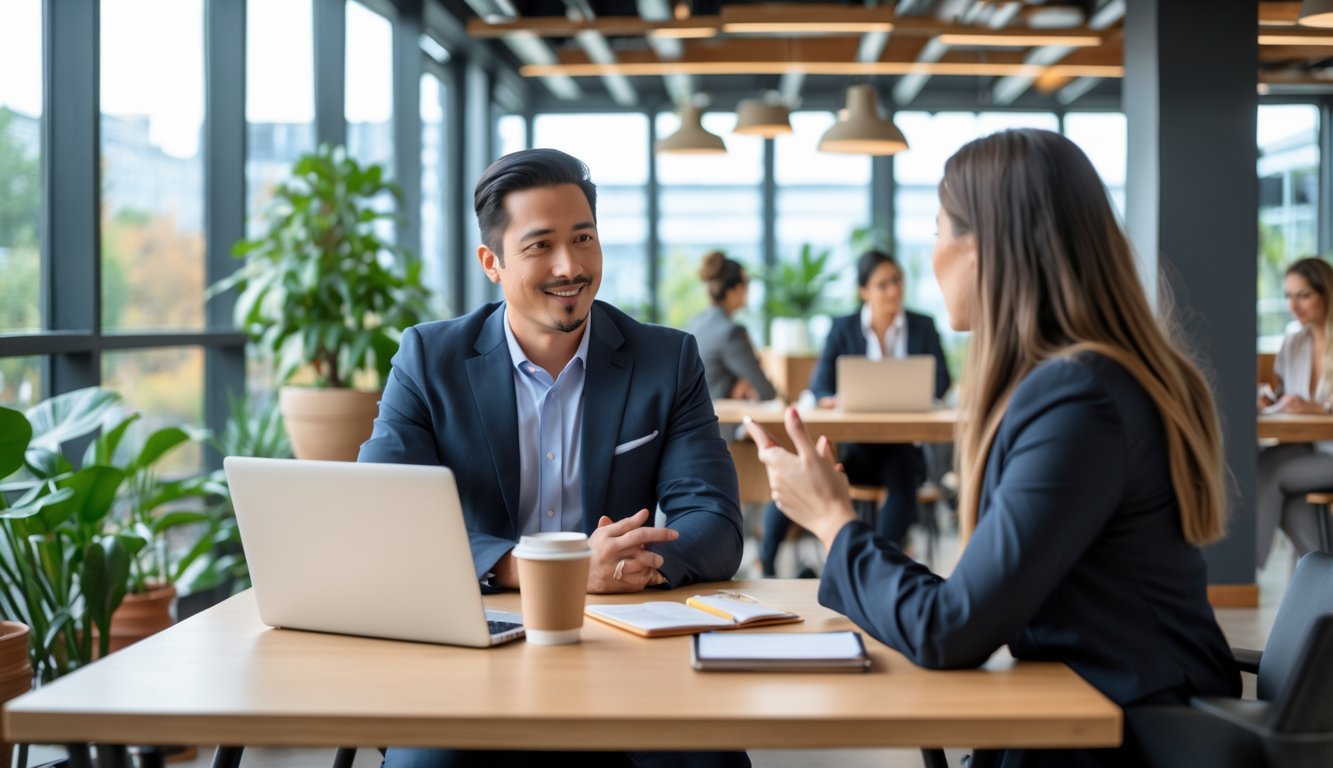 A coworking space founder and an interviewer sitting at a table in a bright, modern office, engaged in conversation.