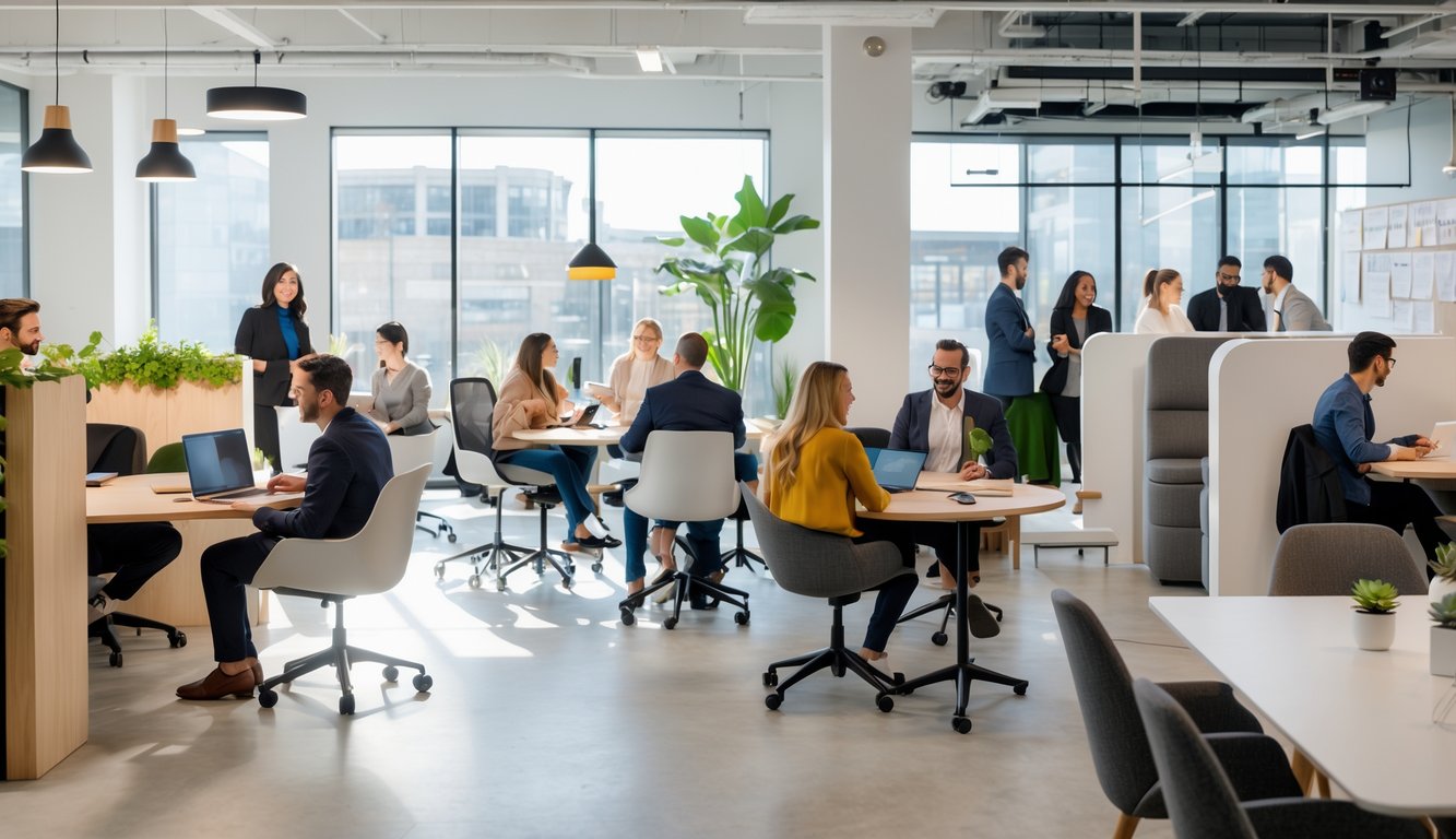 A bright coworking space with people working individually and in groups, featuring modern furniture and large windows letting in natural light.
