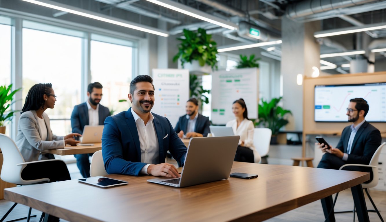 A coworking space founder and diverse professionals having an interview in a modern office with laptops and technology devices.