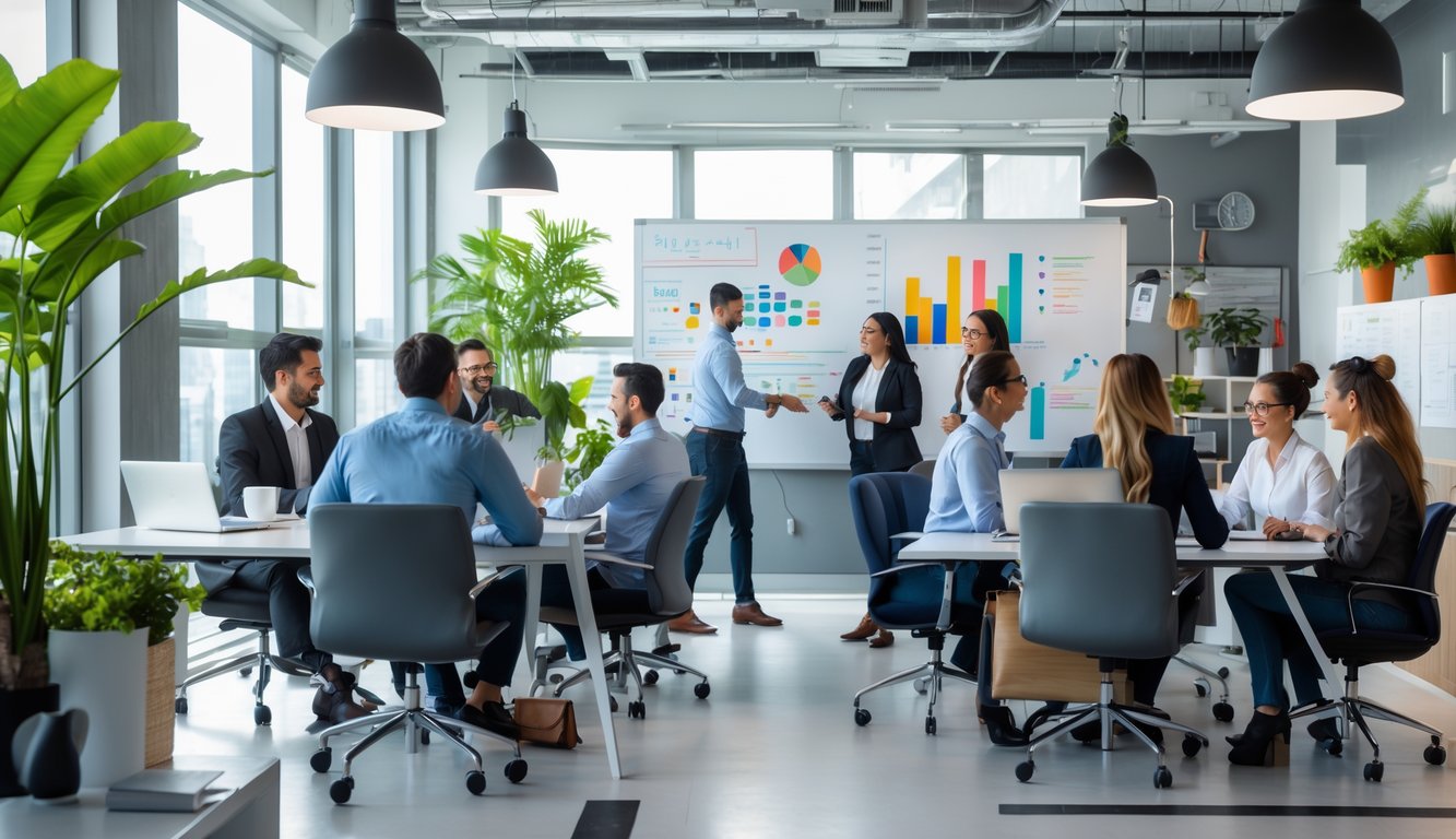 A busy coworking space with diverse professionals working and collaborating around desks and a whiteboard filled with charts.