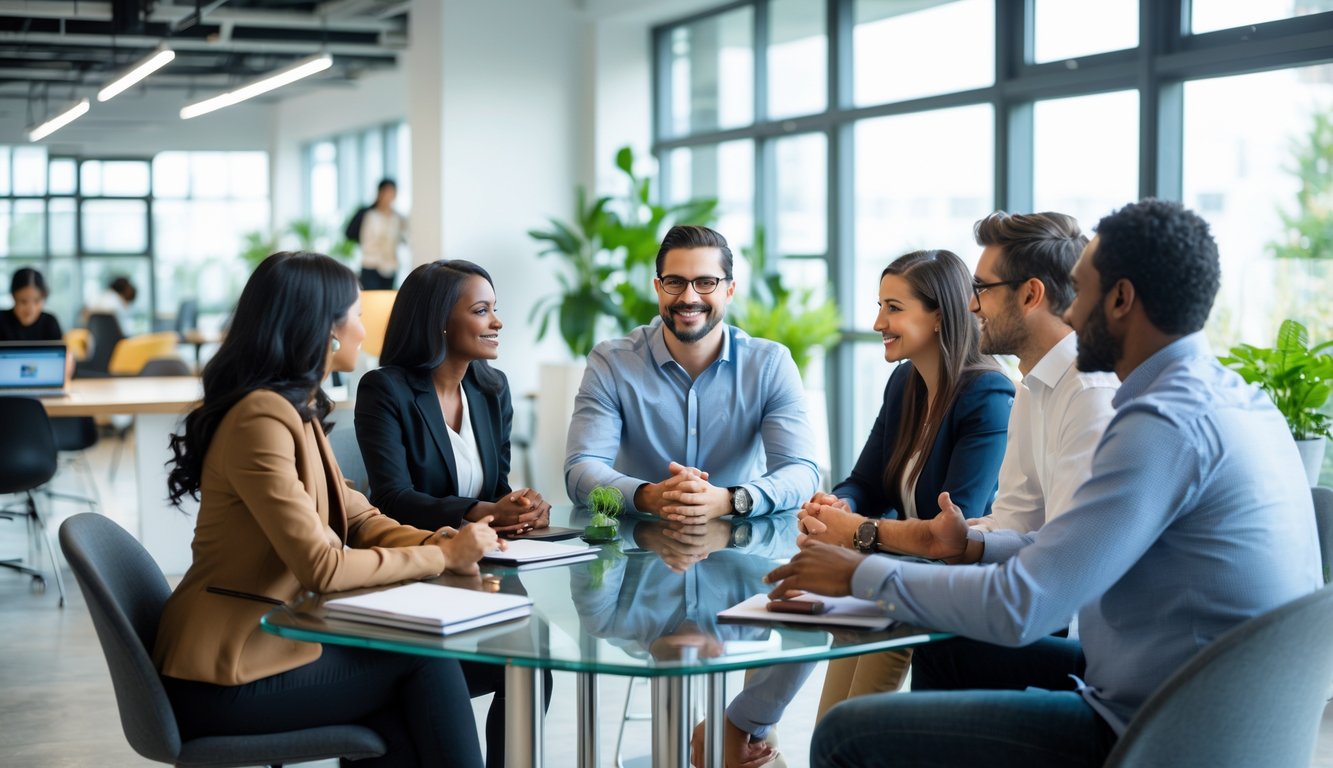 A group of people having an interview in a bright, modern coworking space with large windows and plants.