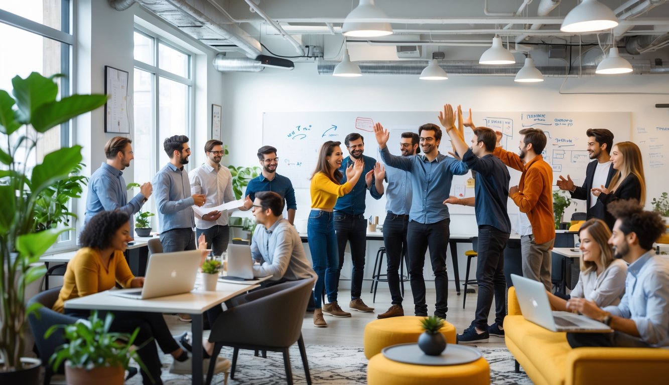 A group of young professionals working and collaborating in a bright, modern coworking space with large windows and plants.