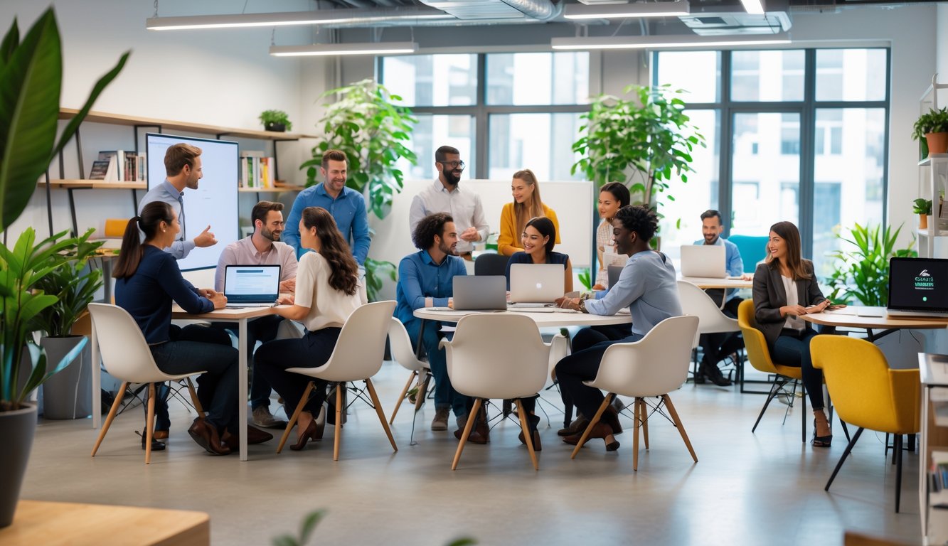 A group of diverse professionals collaborating and working in a bright, modern coworking space with large windows and plants.