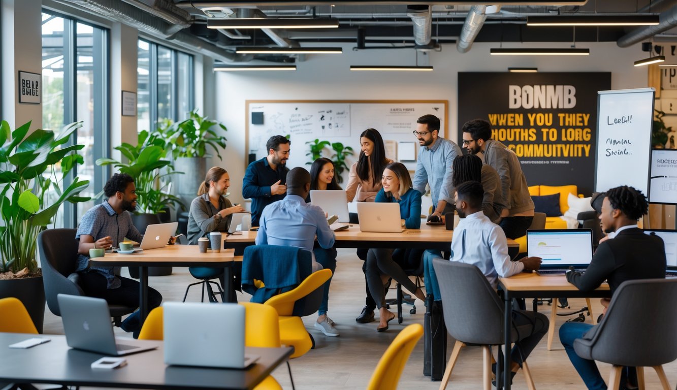 A busy coworking space with people working on laptops, collaborating, and networking in a bright, open office environment.