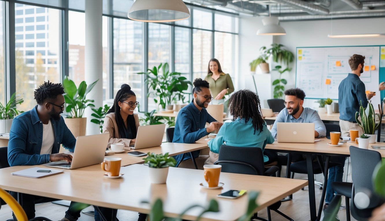 A group of freelancers and small team members working together in a bright, modern coworking space with laptops, notebooks, and coffee cups.
