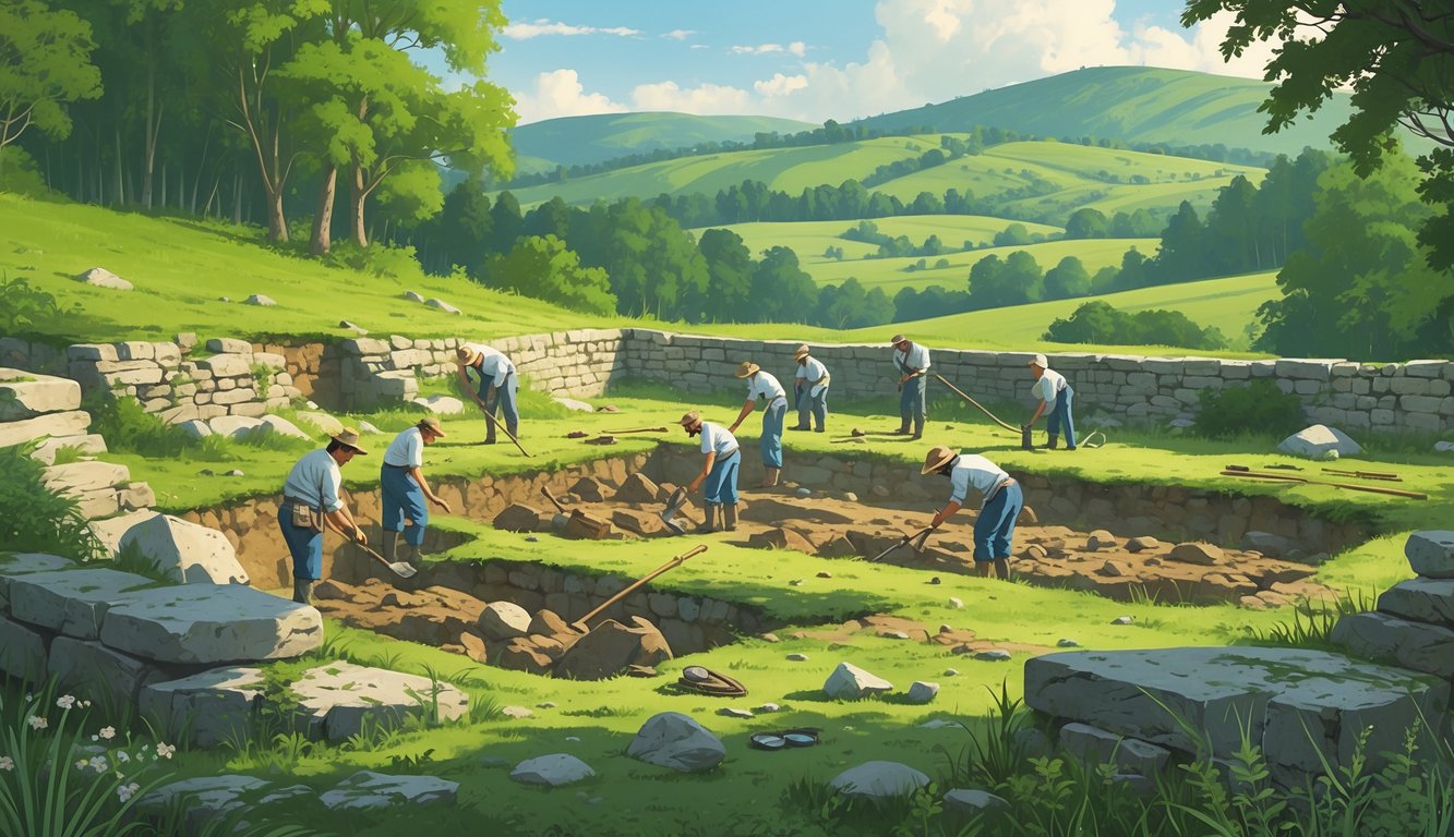Archaeologists excavating an ancient burial site in a forest clearing with stone ruins and burial mounds in Hungary.