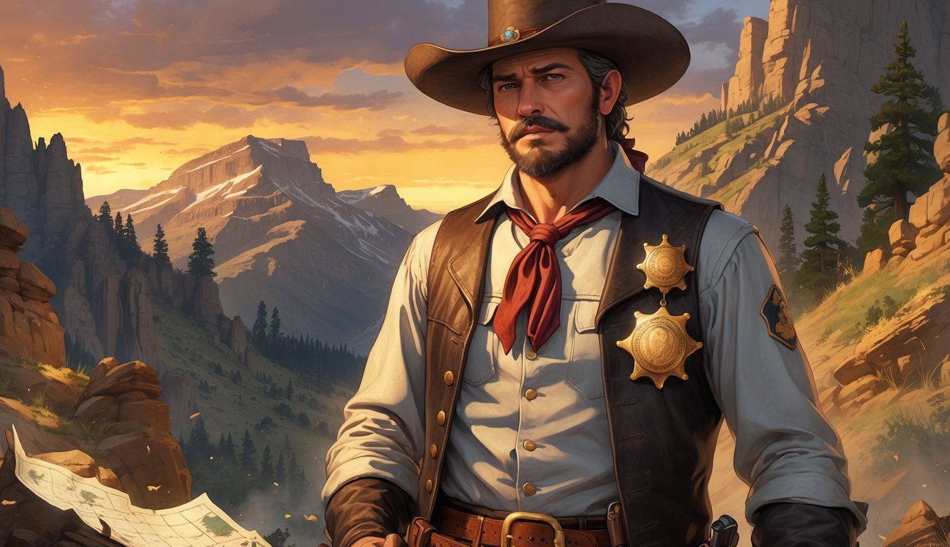 A man dressed as a 19th-century sheriff stands in front of a mountainous landscape with hints of gold among the rocks, holding a map.