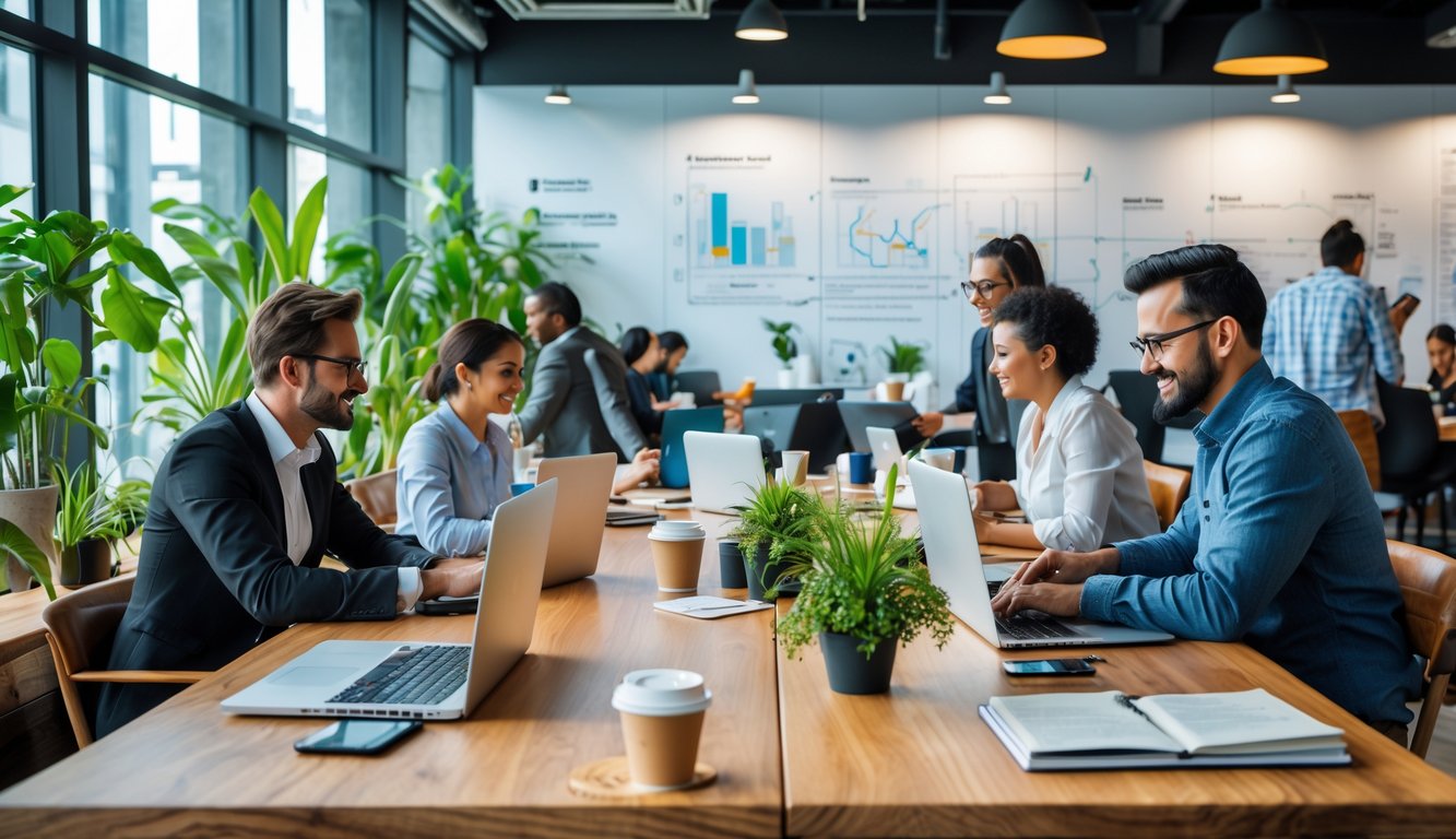 A busy coworking space with people working together at tables surrounded by laptops, notebooks, and plants.