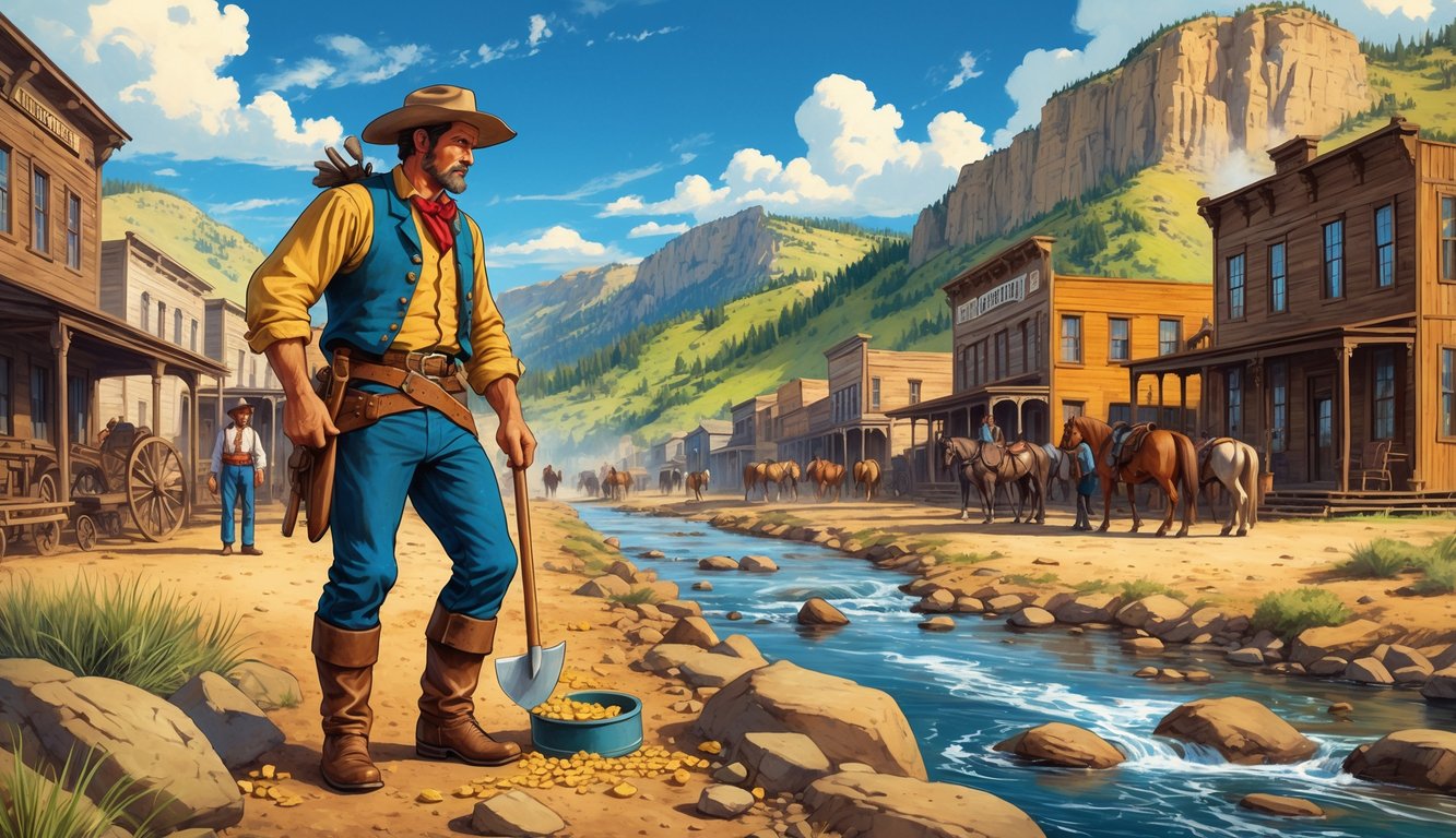 A prospector searches for gold by a stream near wooden buildings of Bannack and Virginia City with mountains in the background and people and horses in the streets.