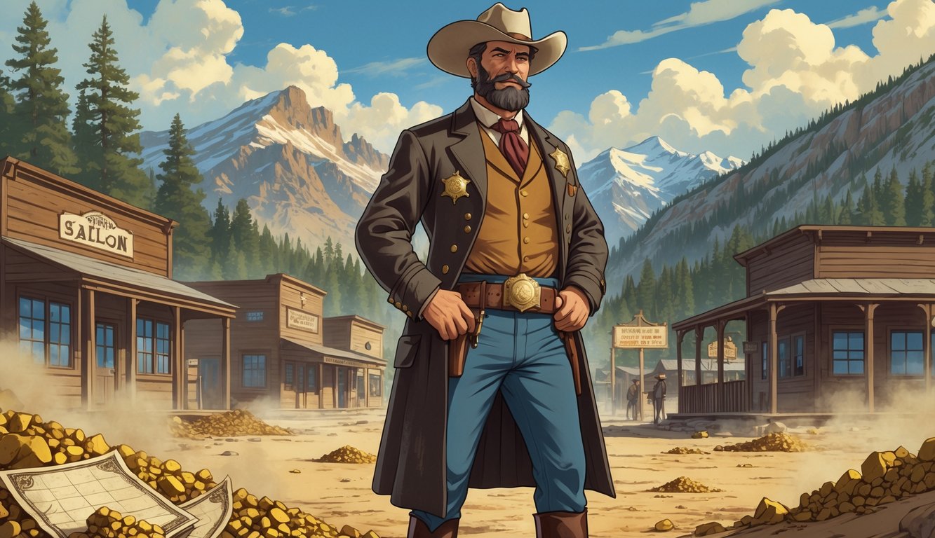 Sheriff Henry Plummer stands in a Montana frontier town with mountains and forests in the background, surrounded by hints of gold and treasure maps.
