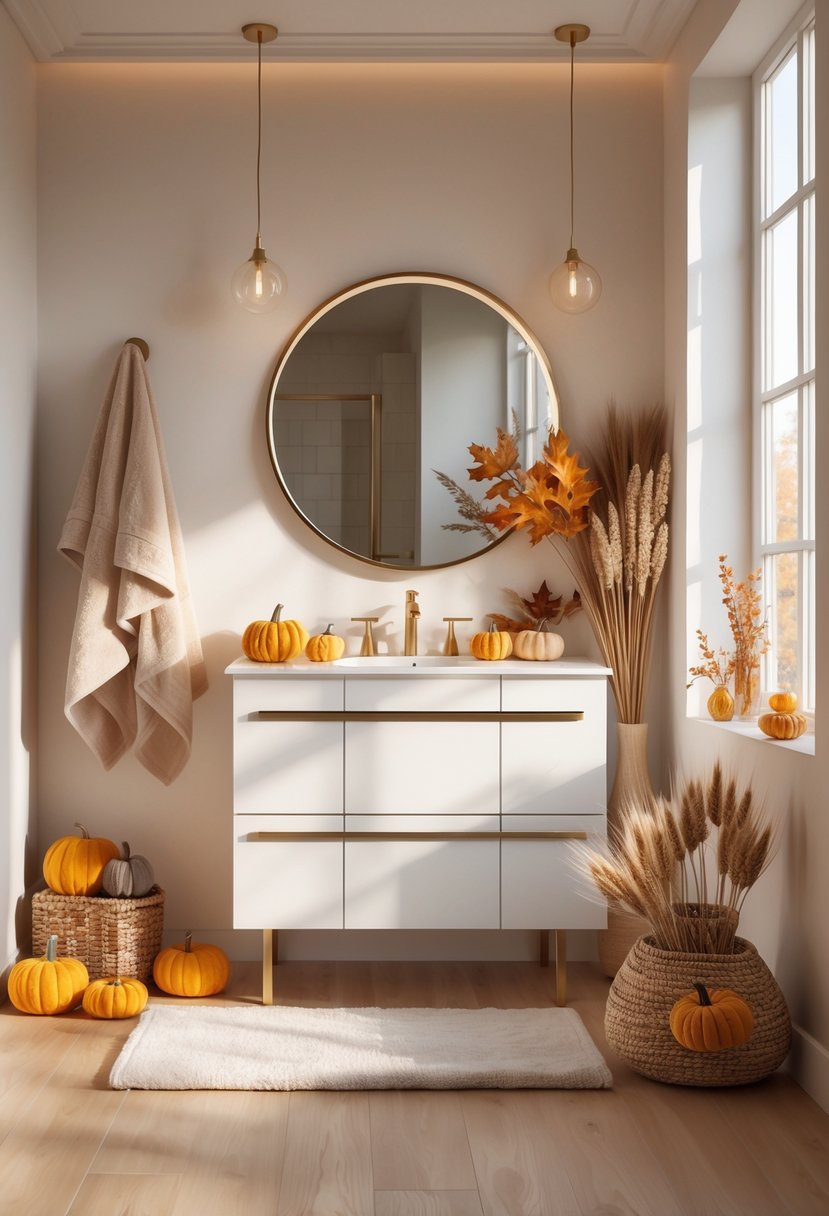 22 Fall Bathroom Decor Ideas 2025: Seasonal Updates for a Stylish Refresh 2 A modern bathroom decorated with autumn-themed items including pumpkins, dried leaves, candles, and towels near a window.