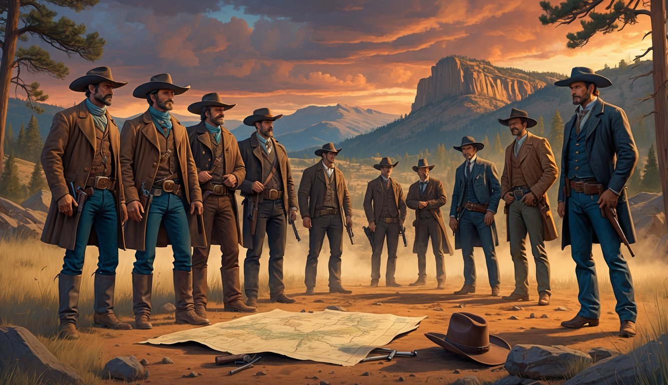 Two groups of outlaws and settlers face each other over a map outdoors in a rugged Montana landscape with trees and hills under a sunset sky.