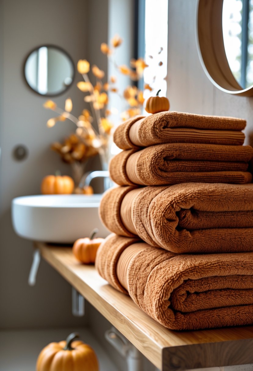22 Fall Bathroom Decor Ideas 2025: Seasonal Updates for a Stylish Refresh 3 A bathroom with burnt orange towels on a wooden shelf, autumn decorations, a white sink, and a round mirror.