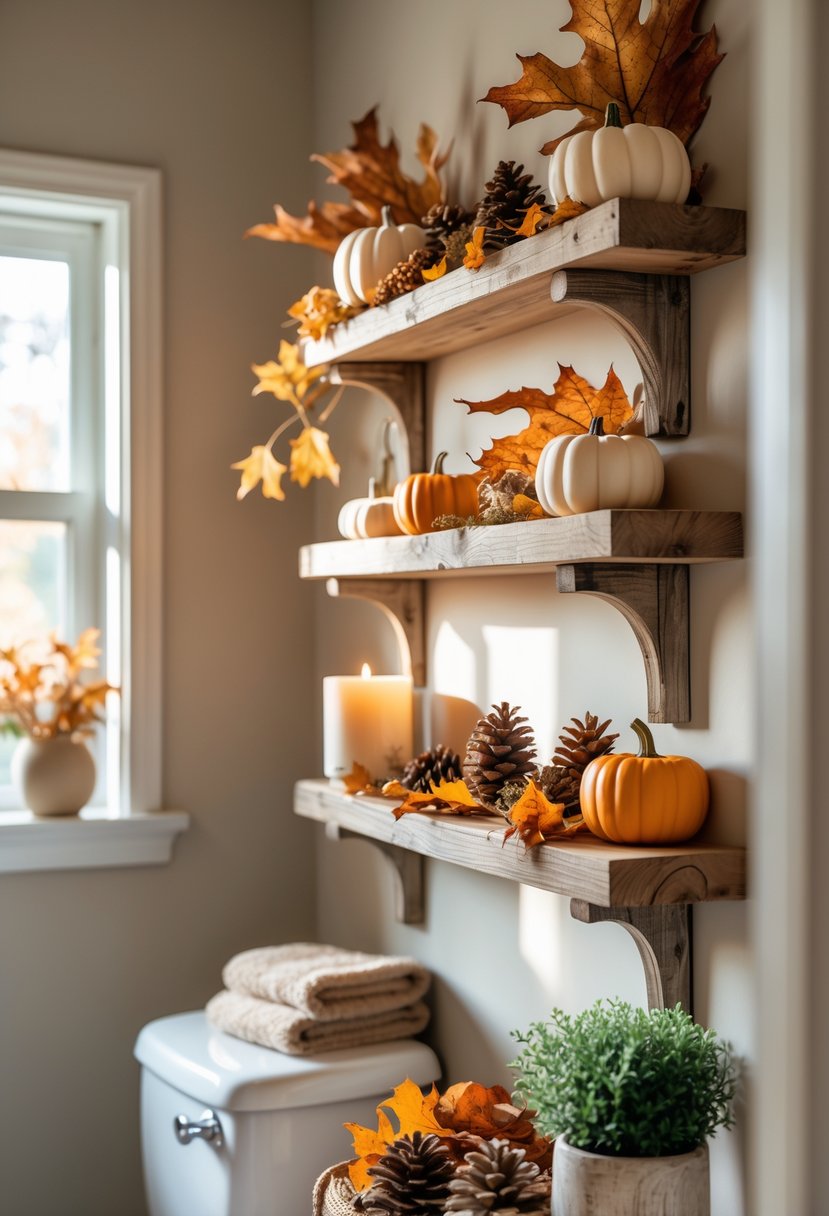 22 Fall Bathroom Decor Ideas 2025: Seasonal Updates for a Stylish Refresh 4 A bathroom with rustic wooden shelves decorated with pumpkins, pinecones, candles, and towels.