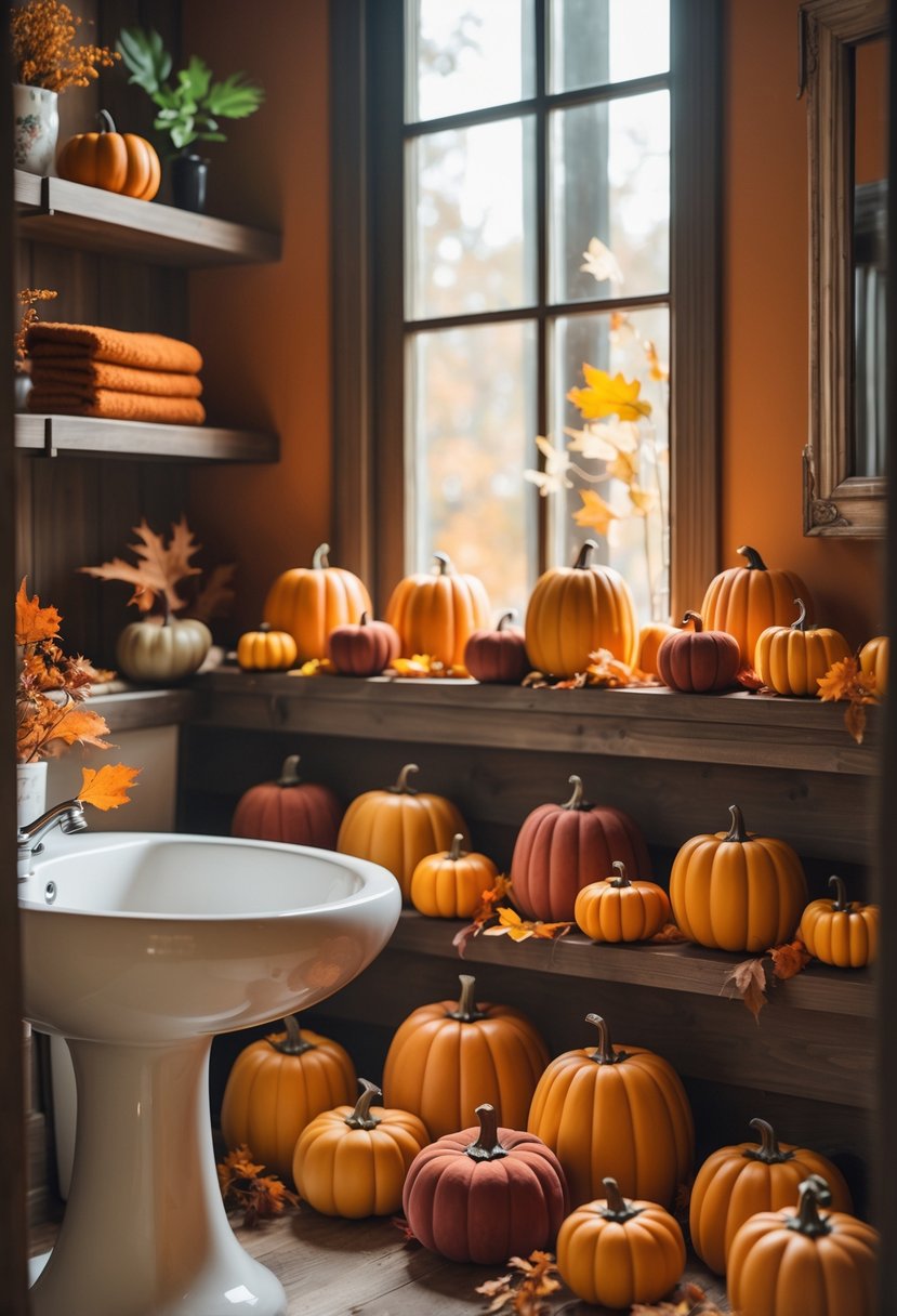 22 Fall Bathroom Decor Ideas 2025: Seasonal Updates for a Stylish Refresh 5 A bathroom decorated with small artificial pumpkins, fall leaves, and warm-colored towels arranged around the sink and shelves.