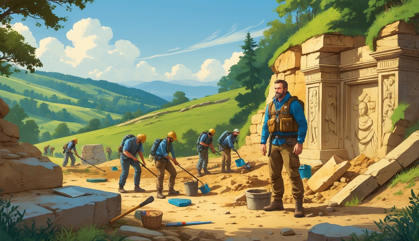 Explorer and archaeological team uncovering an ancient tomb in a green Hungarian landscape with hills and forests.