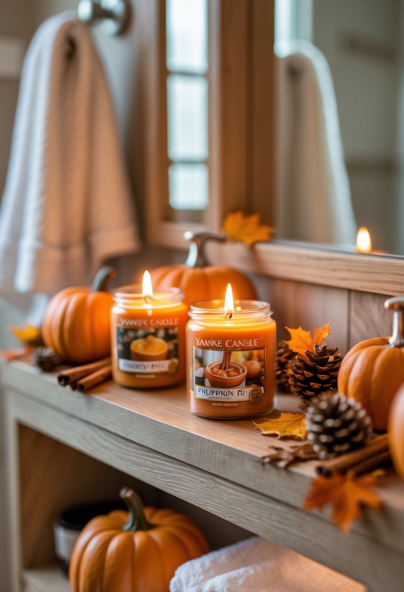 22 Fall Bathroom Decor Ideas 2025: Seasonal Updates for a Stylish Refresh 6 A bathroom shelf with lit autumn-scented candles surrounded by small pumpkins, dried leaves, and cinnamon sticks.