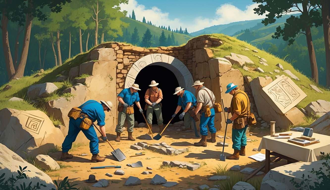 A group of treasure hunters and archaeologists excavating an ancient tomb entrance in a forested area with tools and equipment.