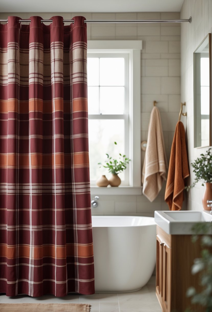 22 Fall Bathroom Decor Ideas 2025: Seasonal Updates for a Stylish Refresh 7 Bathroom with a deep red plaid shower curtain and warm fall-themed decor.
