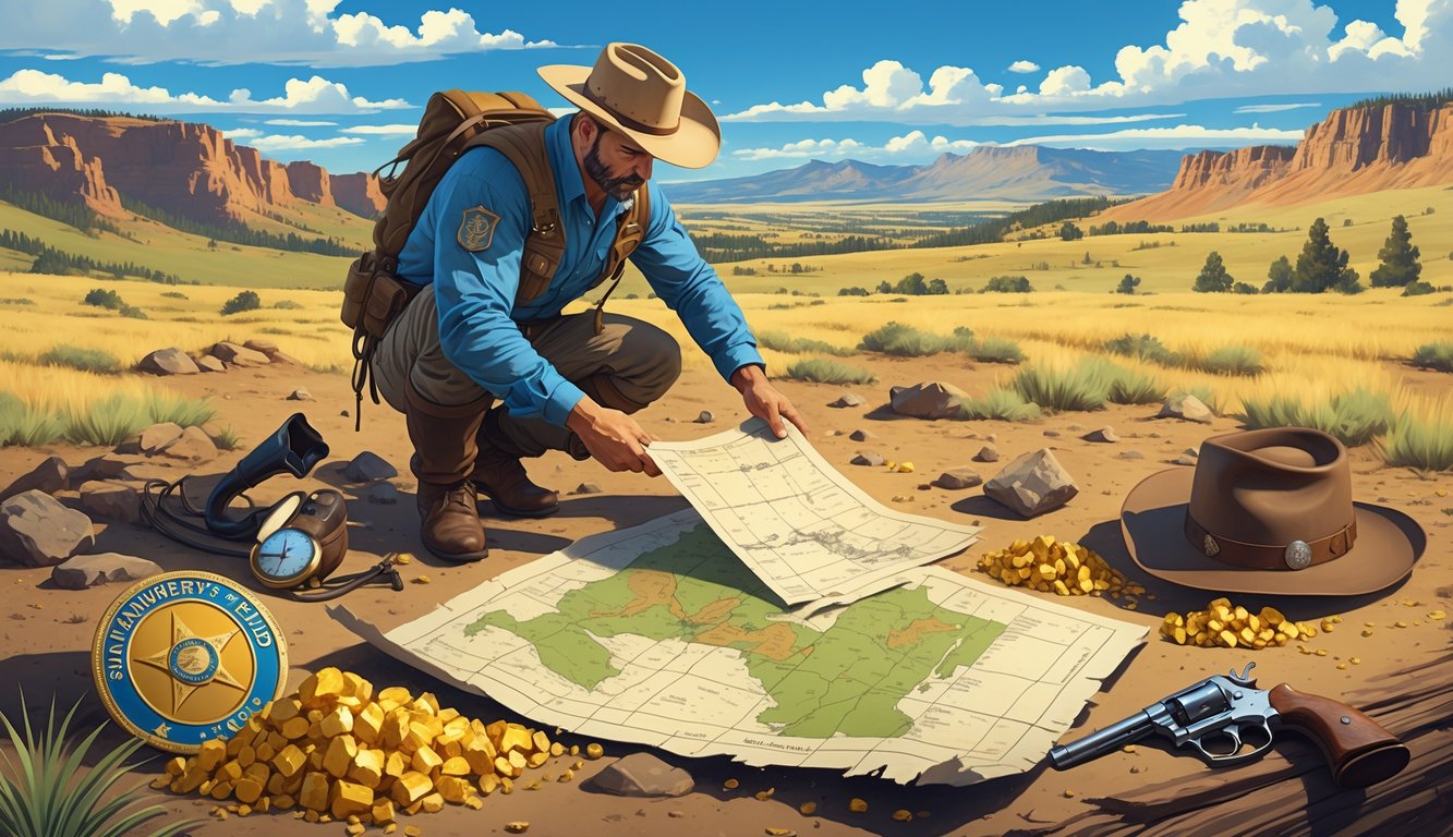 A treasure hunter studies an old map outdoors with gold nuggets and a sheriff's badge nearby, set against a Montana landscape of plains and mountains.