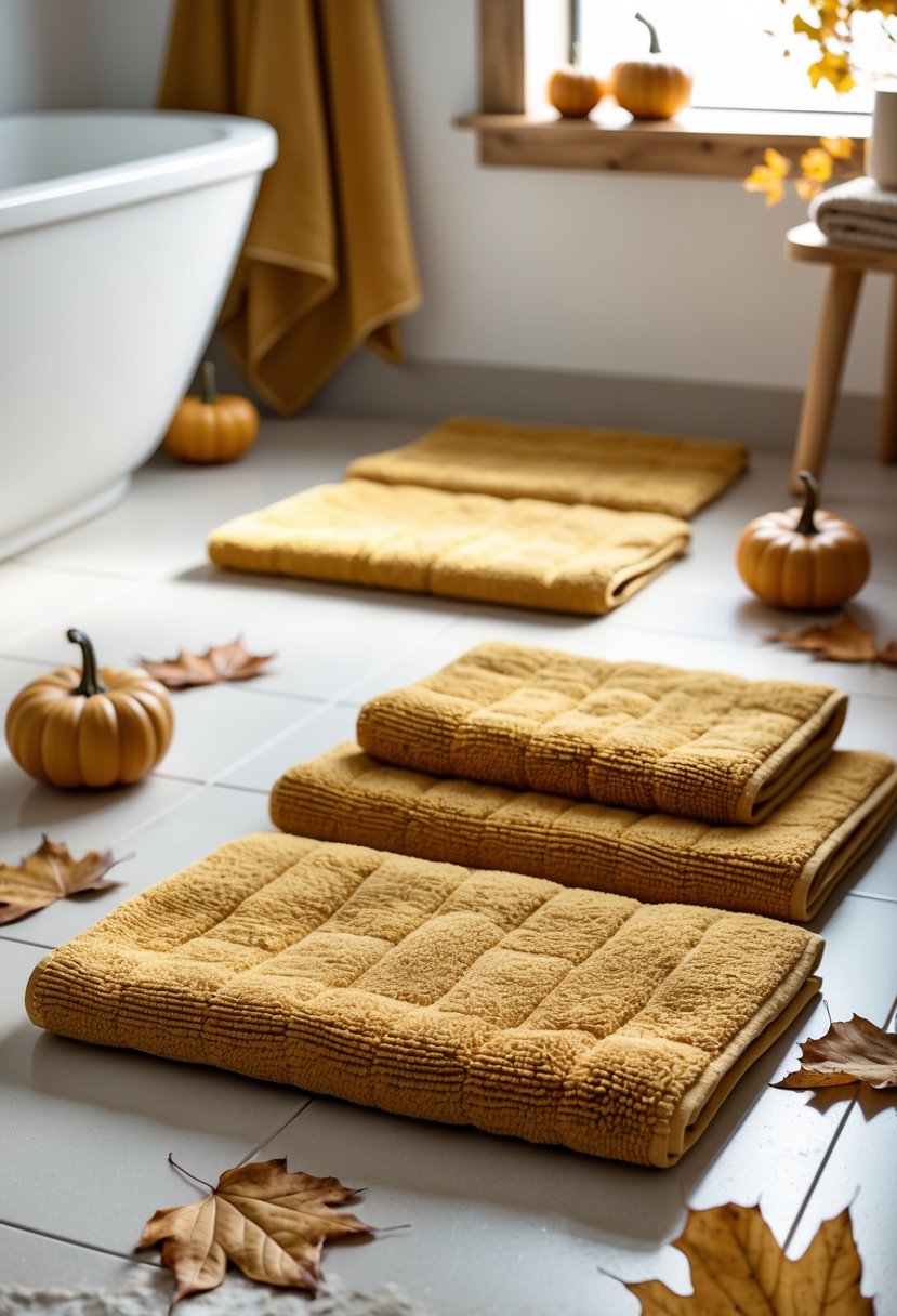 22 Fall Bathroom Decor Ideas 2025: Seasonal Updates for a Stylish Refresh 8 A bathroom floor with mustard yellow cotton bath mats surrounded by autumn decor like small pumpkins and dried leaves.