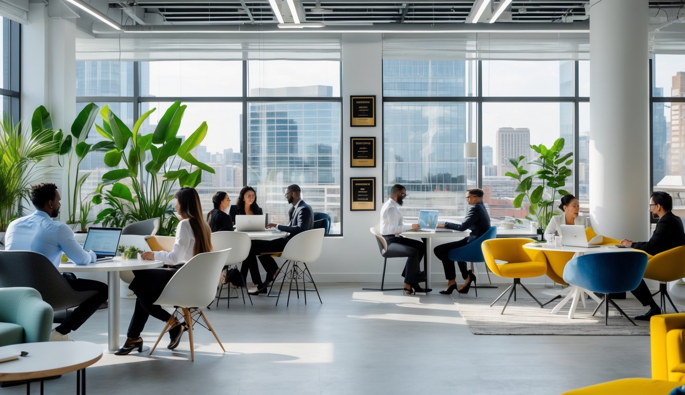 A modern coworking space with people working and collaborating at desks and lounge areas surrounded by large windows and plants.