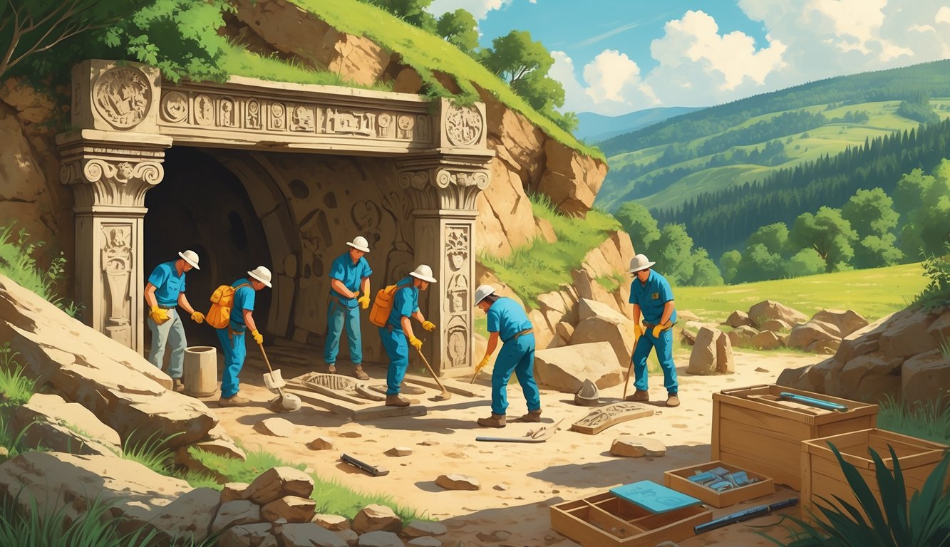 Archaeologists excavating an ancient tomb in a forested Hungarian landscape, uncovering artifacts and skeletal remains.