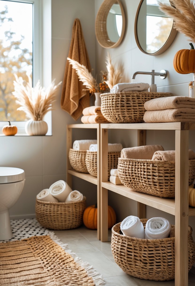 22 Fall Bathroom Decor Ideas 2025: Seasonal Updates for a Stylish Refresh 9 A bathroom with natural woven baskets used for storage, warm fall decorations, and soft natural light.