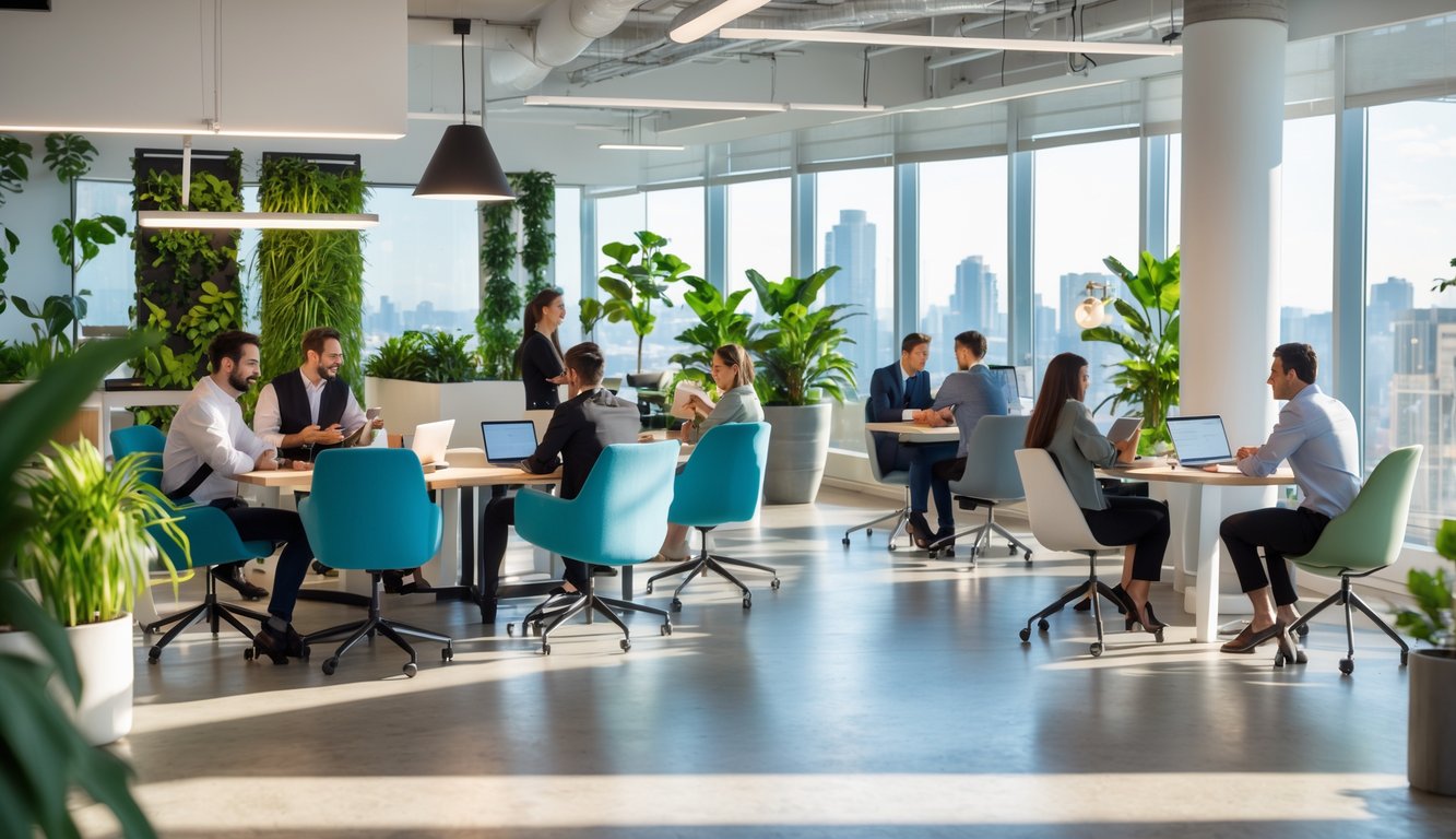 A modern coworking space with people working together at desks surrounded by plants and large windows showing a city view.