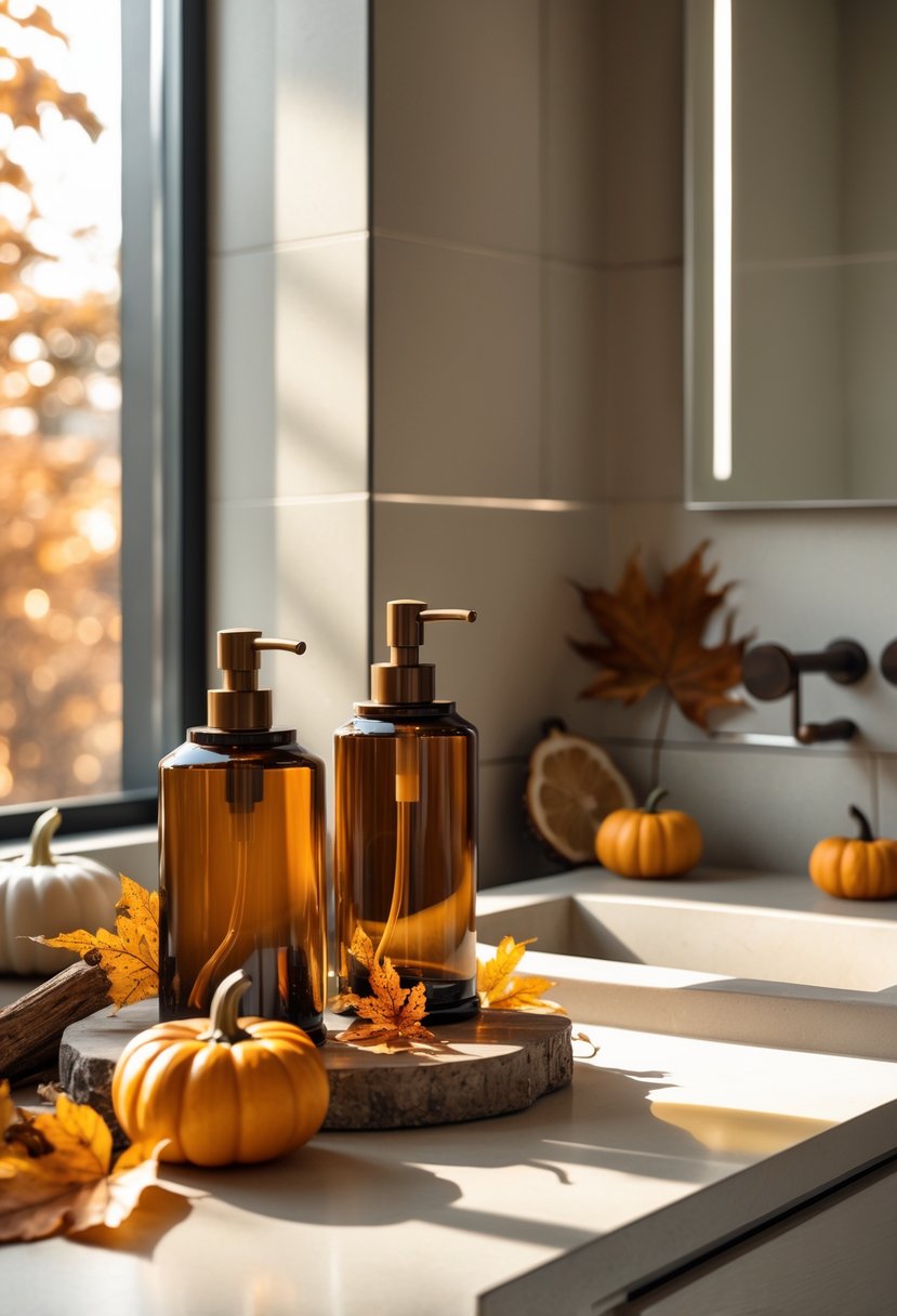 22 Fall Bathroom Decor Ideas 2025: Seasonal Updates for a Stylish Refresh 10 Bathroom countertop with amber and bronze soap dispensers surrounded by fall decor including pumpkins and dried leaves.