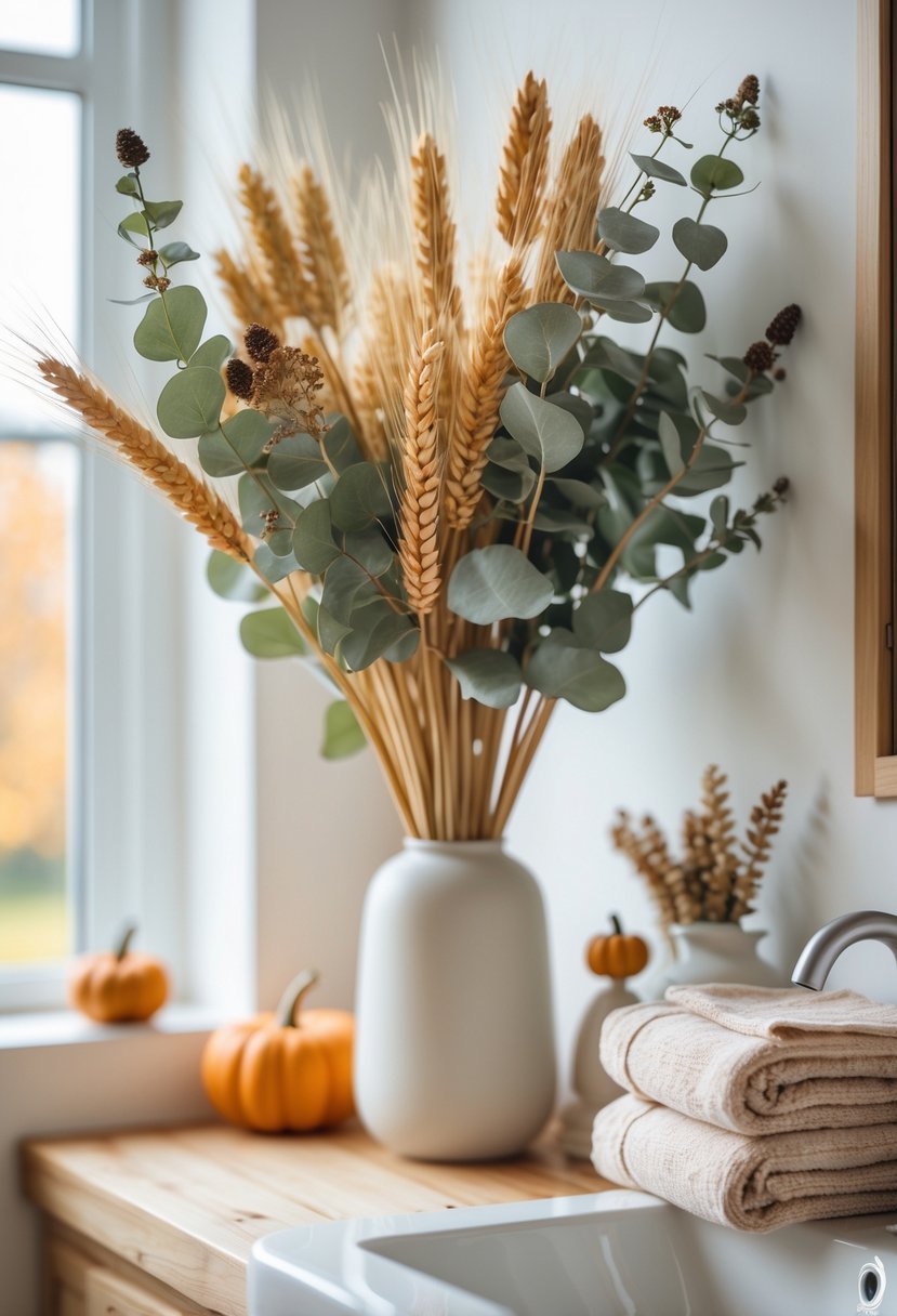 22 Fall Bathroom Decor Ideas 2025: Seasonal Updates for a Stylish Refresh 11 Dried eucalyptus and wheat bundles arranged in a vase on a wooden bathroom countertop with natural light and autumn decor accents.
